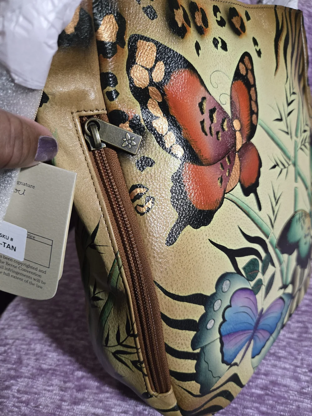 ANUSCHKA Tan Butterfly-Print Leather Hobo Shoulder Bag. NWT